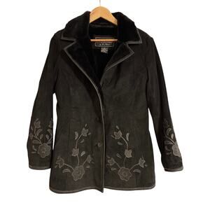 VTG Small Atelier by B Thomas Suede Leather Coat Leather Trim Faux Fur Lined EUC